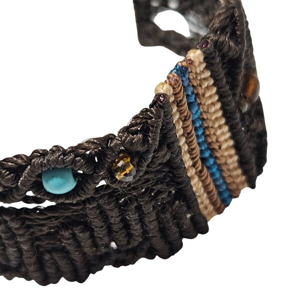 Handwoven Adjustable Bracelet Brown Macrame Blue Beads Metal Chain Closure - Picture 3 of 7
